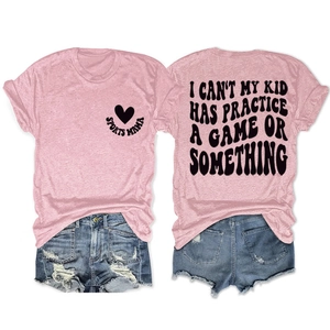 Front and back view of pink Sports Mama T-shirt and distressed denim shorts set
