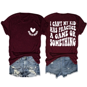 Front and back view of burgundy Sports Mama t-shirt and distressed denim shorts set