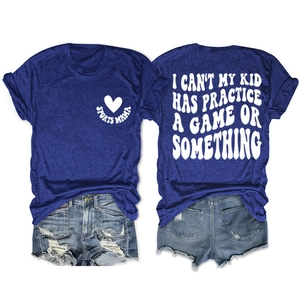 Detailed view of women's blue T-shirt with Sports Mama print and denim shorts