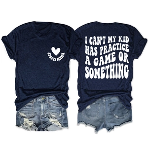 Front and back view of navy crew neck t-shirt with Sports Mama print and text