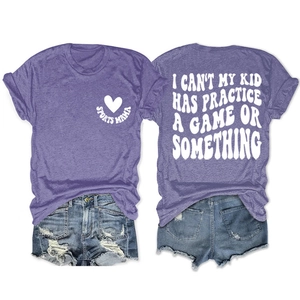Detailed back and front view of heather purple Sports Mama slogan t-shirt and denim shorts