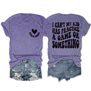 Detail view of heather purple sports mama t-shirt with slogan and distressed denim shorts
