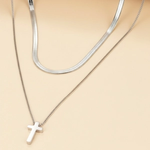 Double-layered silver stainless steel necklace with flat snake chain and cross pendant
