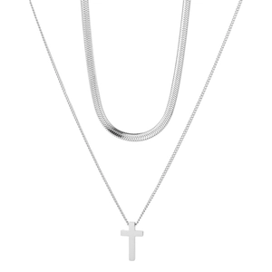 Macro view of double-layer stainless steel necklace with flat snake chain and cross pendant