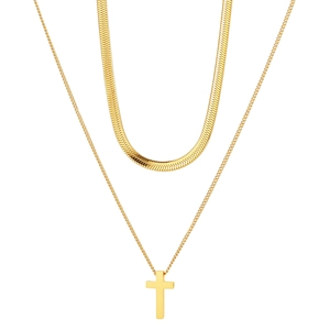Gold double-layered necklace featuring flat herringbone chain and cross pendant on white