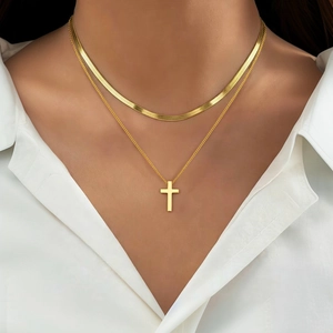 Stainless Steel Layered Necklace With Cross Pendant Flat Herringbone Snake Chain Minimalist Chic Jewelry For Women Men