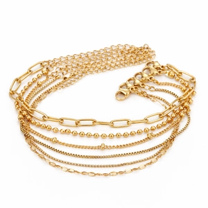 Detail of 6pcs gold chain set with paperclip, bead and herringbone styles with lobster clasps