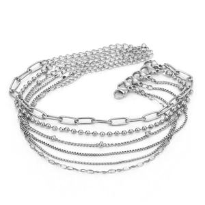 Five-piece silver stackable chain bracelet set with paperclip and cuban link styles