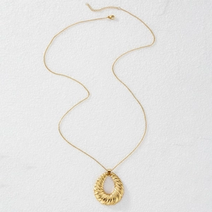 Gold stainless steel necklace with geometric teardrop spiral pendant and dainty chain