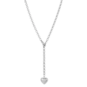 Collier lariat en Y en acier inoxydable argenté poli avec pendentif coeur plein