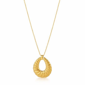 Detailed view of a gold spiral textured oval pendant on a fine stainless steel chain