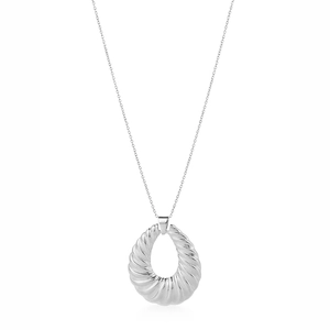 Detailed view of silver teardrop pendant with spiral texture on a stainless steel chain