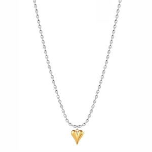 Two-tone stainless steel bead necklace with a 3D gold heart pendant on white background