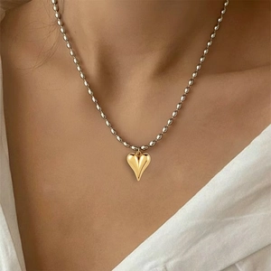 Heart Pendant Necklace Stainless Steel Gold And Silver Two Tone Bead Chain Elegant Fashion Jewelry For Women