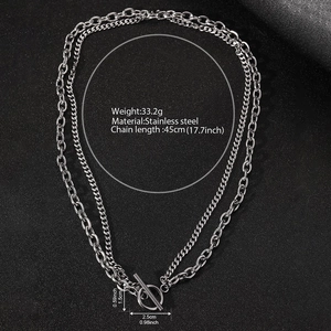 Detail of double-layer stainless steel OT buckle necklace showing weight and length