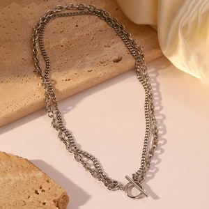 Double-layered silver OT buckle chain necklace in punk style with thick link texture