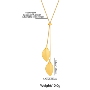 Dettagli della collana lariat a foglia dorata con dimensioni e catena lunga 50cm