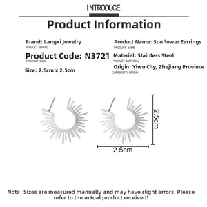 Detail view of 2.5cm stainless steel sunflower stud earrings with size measurements