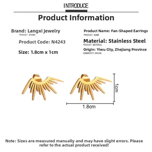 Detail view of golden fan-shaped stainless steel stud earrings with size measurements