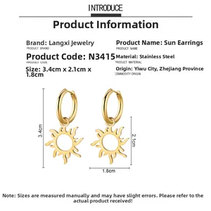 Detail of gold sun drop earrings in stainless steel with precise size measurements