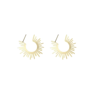 Gold minimalist stainless steel sunburst tassel earrings with ray design on white background