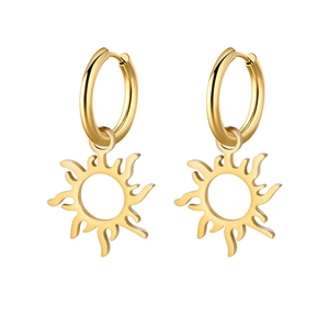 Sun Pendant Hoop Earrings Stainless Steel Hollow Out Sunburst Design Bohemian Style Jewelry For Women
