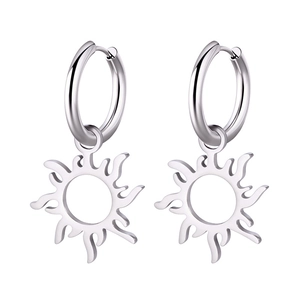 Polished stainless steel hoop earrings with hollow sunburst pendants for women