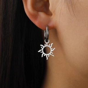 Minimalist silver stainless steel hoop earrings with sun-shaped hollow pendants for women