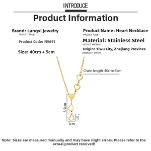 Detailed view of gold stainless steel Y-necklace with dimensions and hollow heart charms