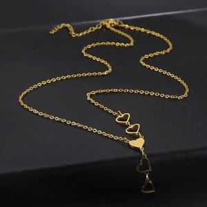 Elegant gold stainless steel necklace featuring a vertical tassel of five heart pendants