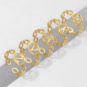 Minimalist Stainless Steel Alphabet Initial Letter Adjustable Open Rings For Women Fashion Hollow Cut-out Jewelry
