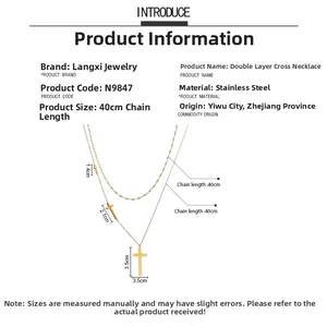 Détails du collier double couche en acier doré avec pendentifs croix et dimensions précises