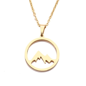 Collier en acier inoxydable plaqué or avec pendentif circulaire silhouette de montagne
