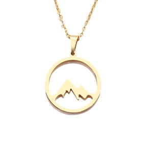 Collier en acier inoxydable doré avec pendentif circulaire évidé en forme de montagne