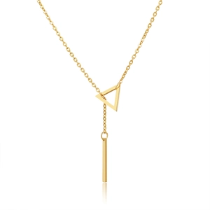 Gold stainless steel Y-necklace featuring geometric triangle and long bar pendant