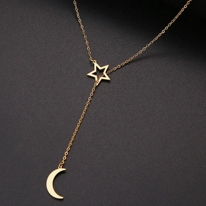 Collar en Y Minimalista de Acero Inoxidable Con Colgante de Estrella Hueca y Luna Creciente Joyería Lariat Oro Plata para Mujer