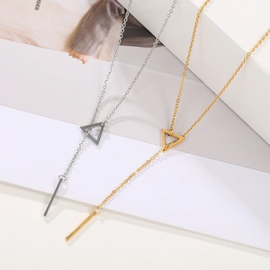 Minimalist Y-shaped stainless steel necklace with triangle slider and vertical bar pendant