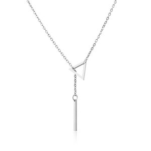 Minimalist silver triangle and bar pendant necklace in stainless steel on white backdrop