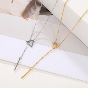 Minimalist Y-shaped stainless steel necklace with hollow triangle and bar pendant in gold and silver