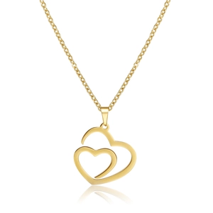 Detail shot of a gold double hollow heart pendant necklace with fine link chain