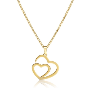 Golden stainless steel necklace featuring a hollow double heart pendant on a fine chain