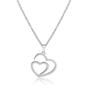 Minimalist stainless steel double heart pendant necklace with silver hollow design