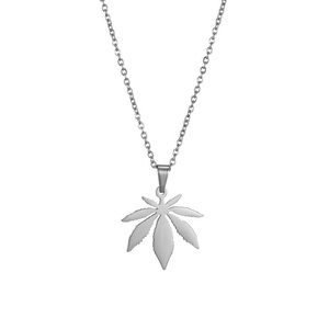 Polished silver stainless steel maple leaf pendant necklace with thin O-chain link