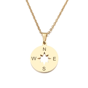 Collier Pendentif Boussole Acier Inoxydable Disque Rond Étoile Évidée Directions Cardinales Plaqué Or Unisexe