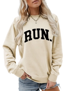 Detail of RUN letter print and ribbed neckline on beige oversized sports sweatshirt