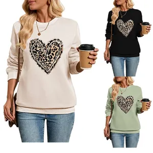 Women Sweatshirt Leopard Heart Print Fleece Lined Round Neck Long Sleeve Casual Loose Pullover Streetwear