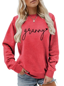 Detail showing 'granny' lettering and heart print on dark red crewneck sweatshirt