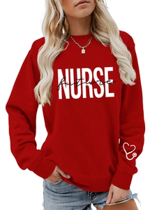 Detail of red nurse future sweatshirt showing stethoscope print on cuff and high-quality fabric