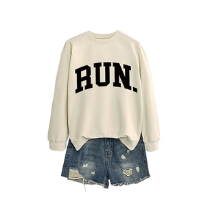 Women's cream casual sweatshirt with RUN print and distressed blue denim shorts set