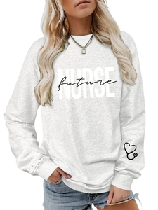 Detail of grey sweatshirt showing future NURSE lettering and stethoscope sleeve print